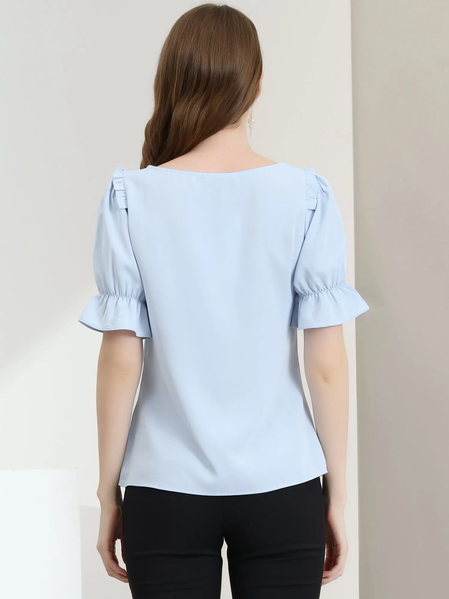 Round Neck Short Puff Sleeve Ruffle Top Blouse