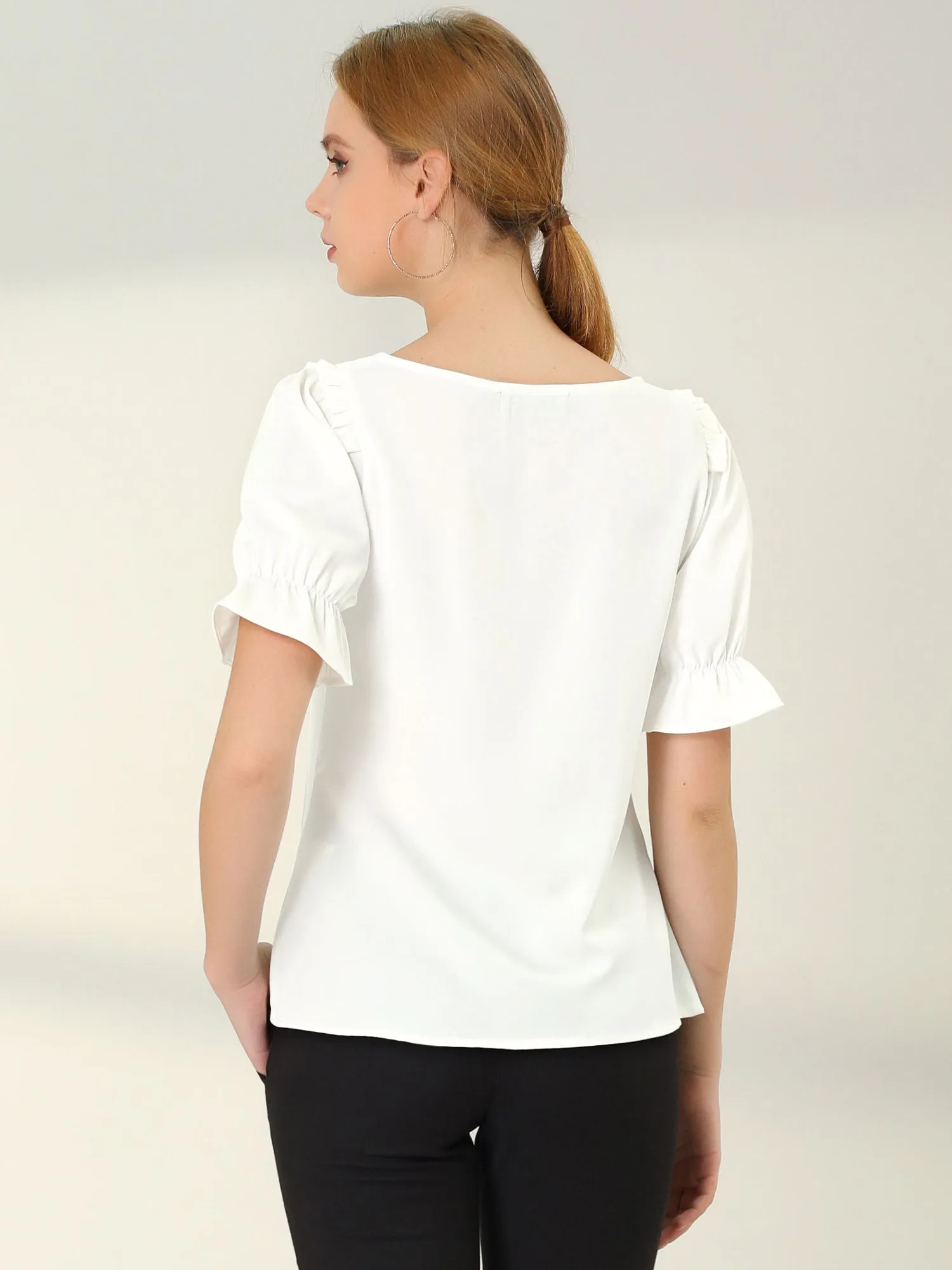 Round Neck Short Puff Sleeve Ruffle Top Blouse