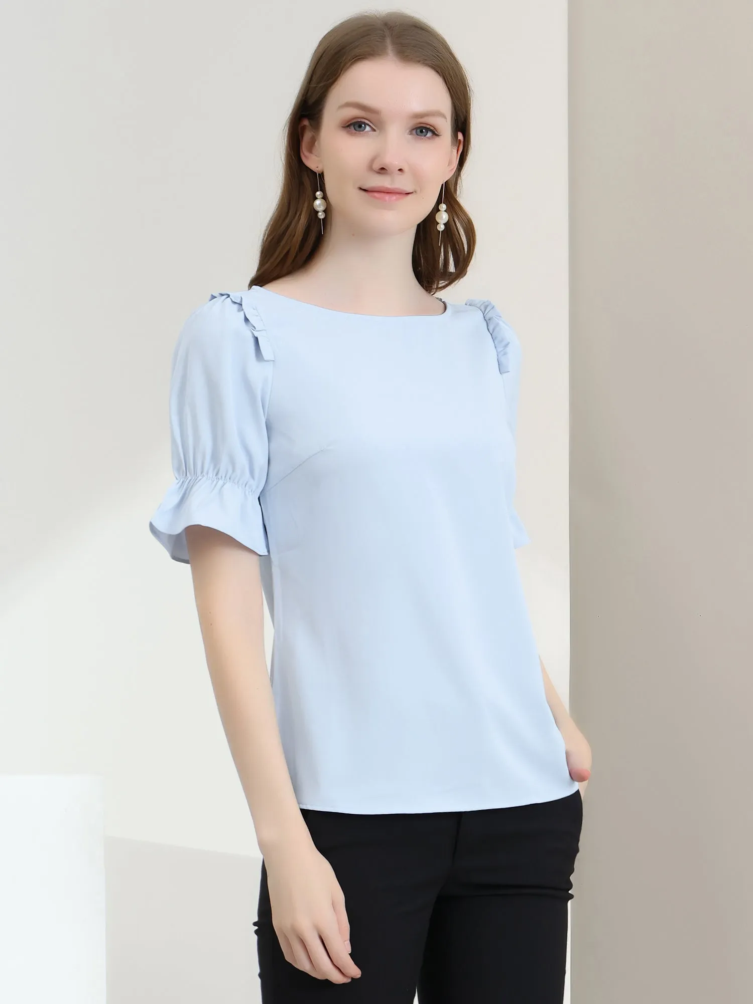 Round Neck Short Puff Sleeve Ruffle Top Blouse
