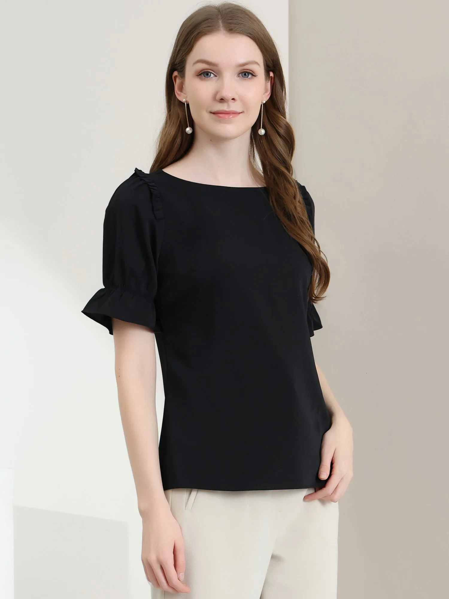 Round Neck Short Puff Sleeve Ruffle Top Blouse