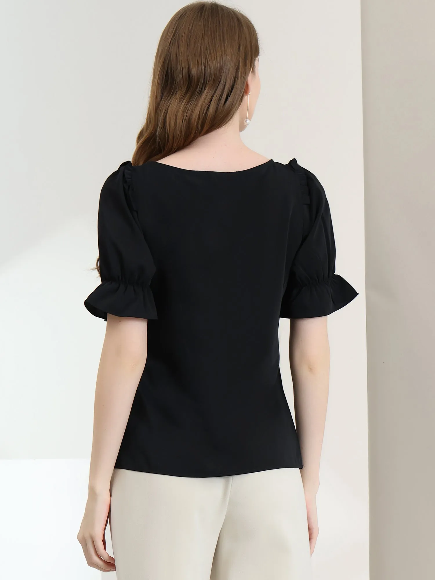 Round Neck Short Puff Sleeve Ruffle Top Blouse