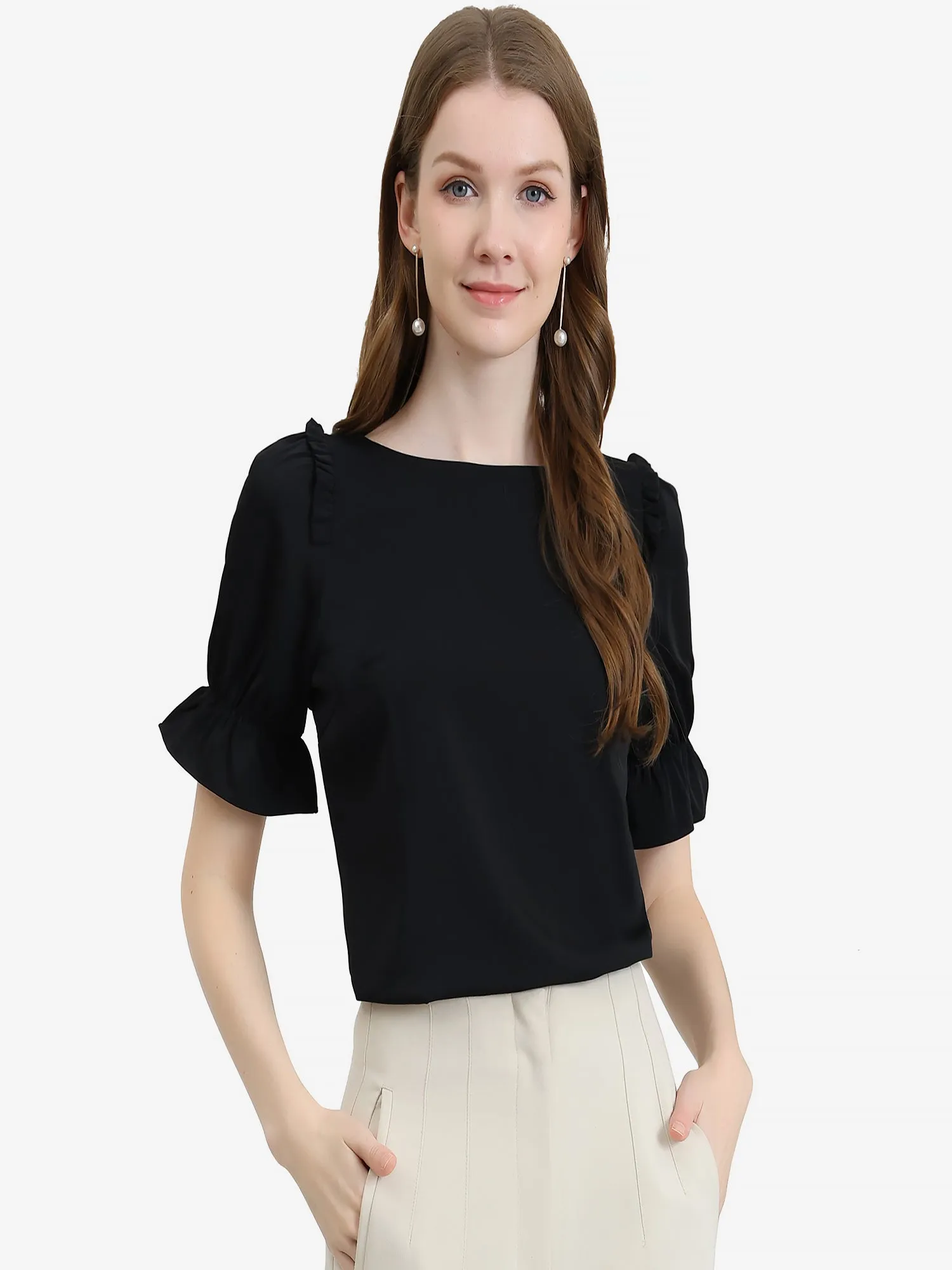 Round Neck Short Puff Sleeve Ruffle Top Blouse
