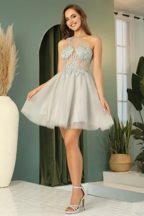 Silver Short A-Line Dress With Floral Applique And Bow