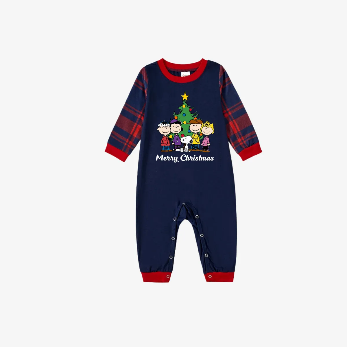 Snoopy Dog Cartoon With 'Merry Christmas' Letter and Tree Printed Red&Blue Plaid Family Pajama Sets