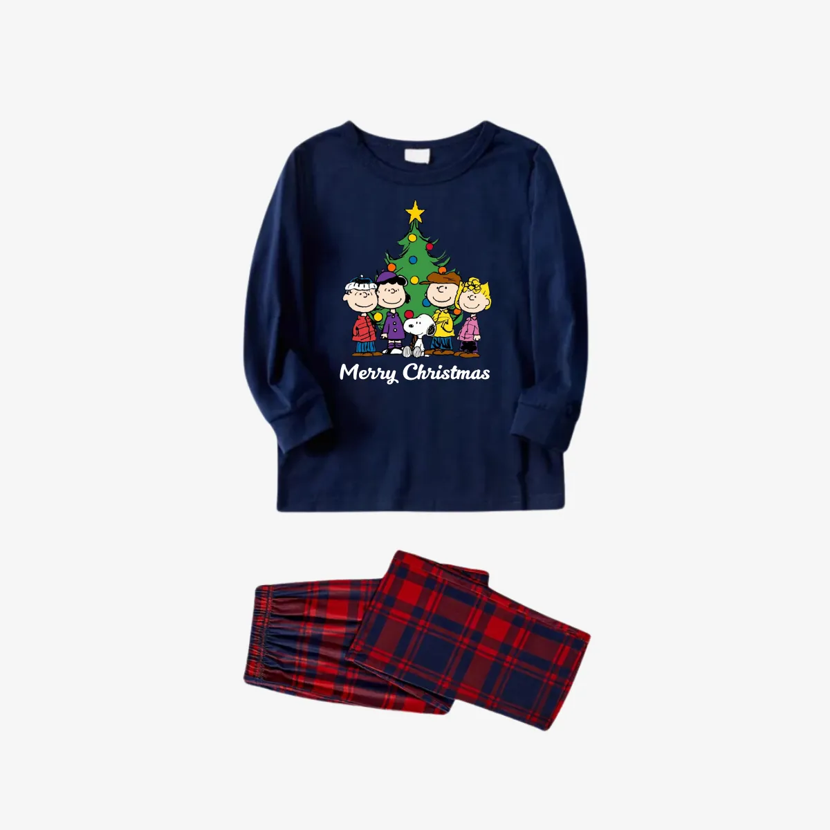Snoopy Dog Cartoon With 'Merry Christmas' Letter and Tree Printed Red&Blue Plaid Family Pajama Sets