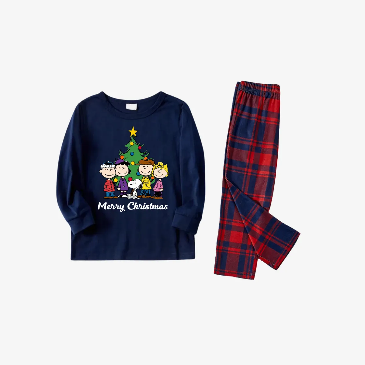 Snoopy Dog Cartoon With 'Merry Christmas' Letter and Tree Printed Red&Blue Plaid Family Pajama Sets