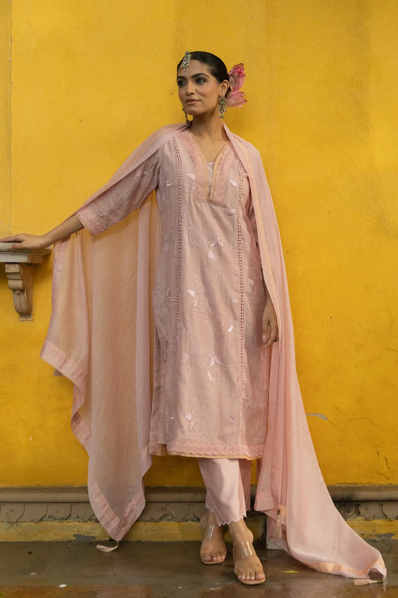 Soft Chanderi Embroidered Suit with Glittery Neck