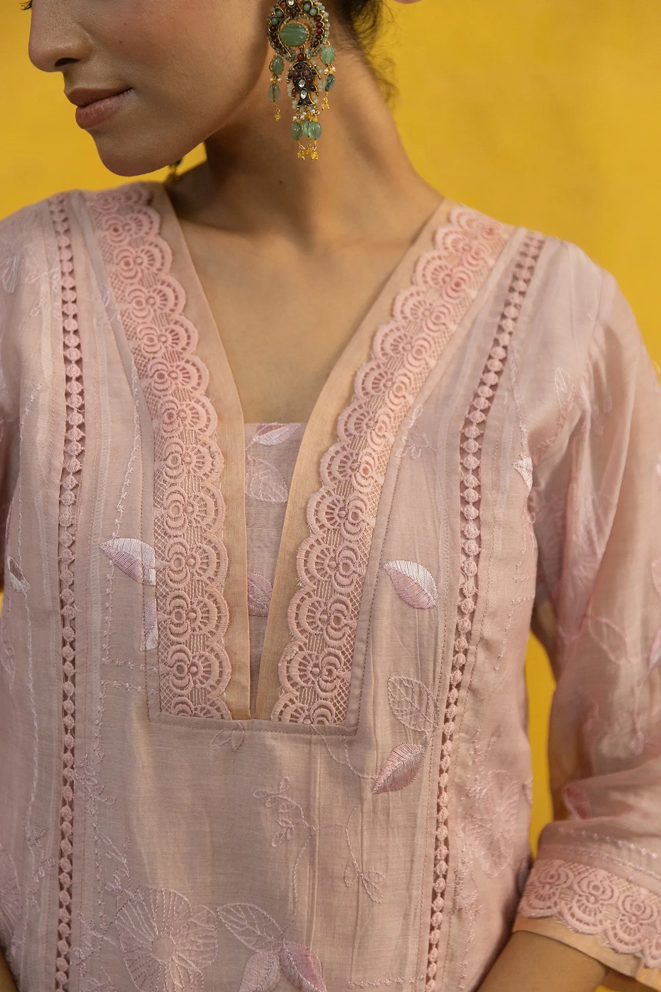 Soft Chanderi Embroidered Suit with Glittery Neck