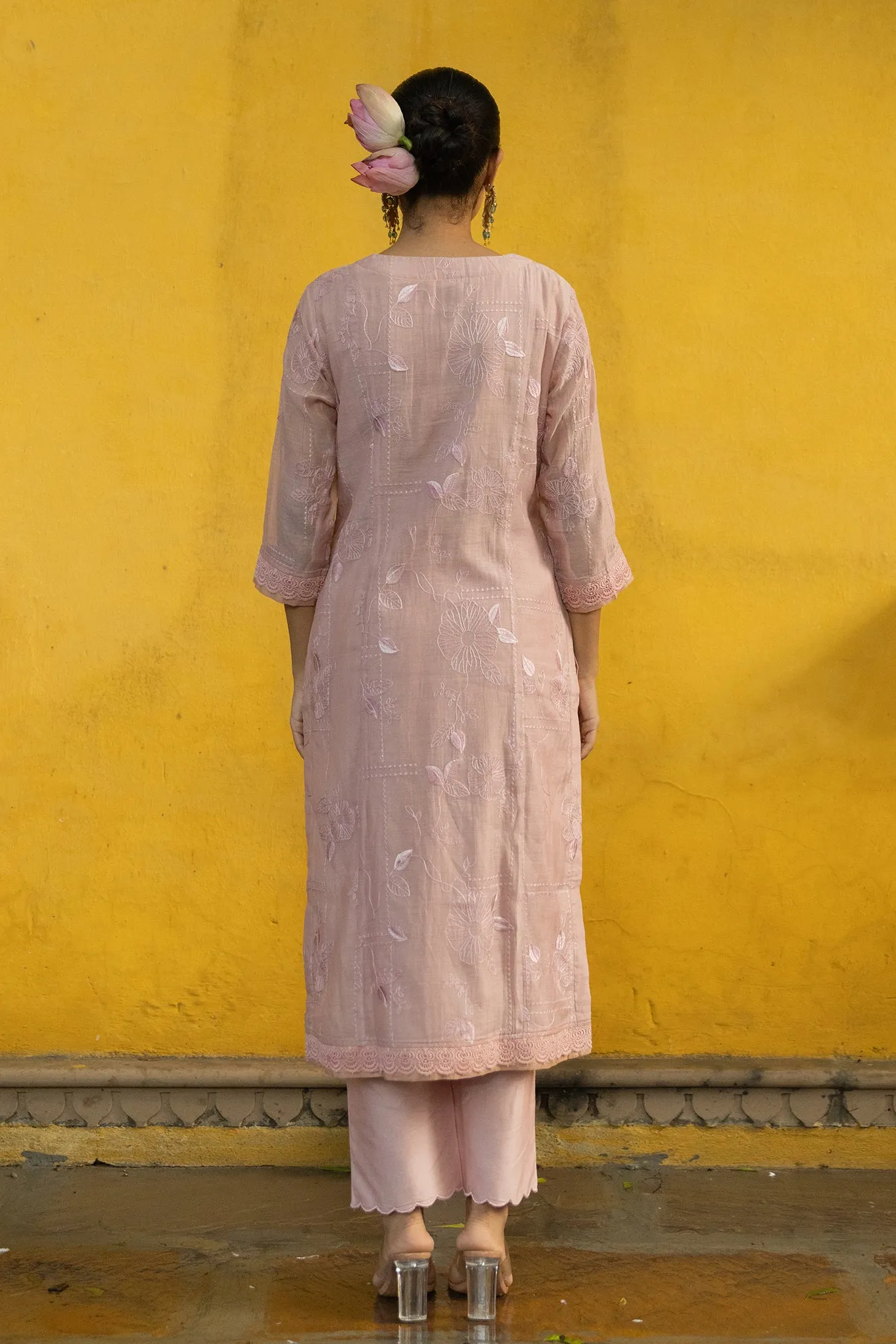 Soft Chanderi Embroidered Suit with Glittery Neck