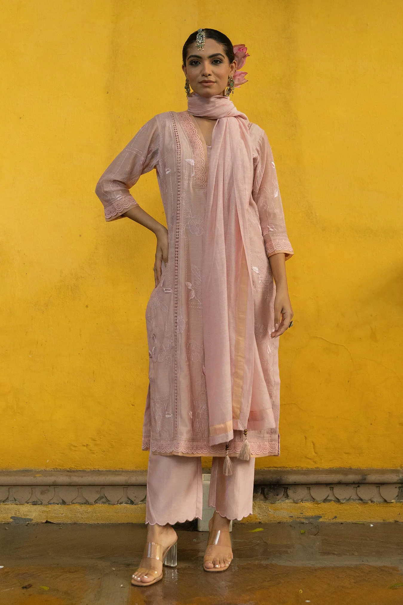 Soft Chanderi Embroidered Suit with Glittery Neck