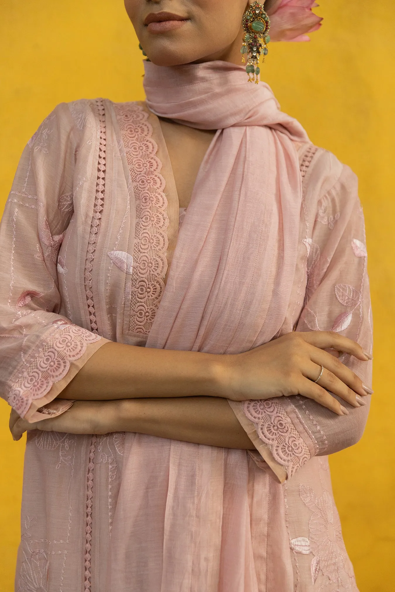 Soft Chanderi Embroidered Suit with Glittery Neck