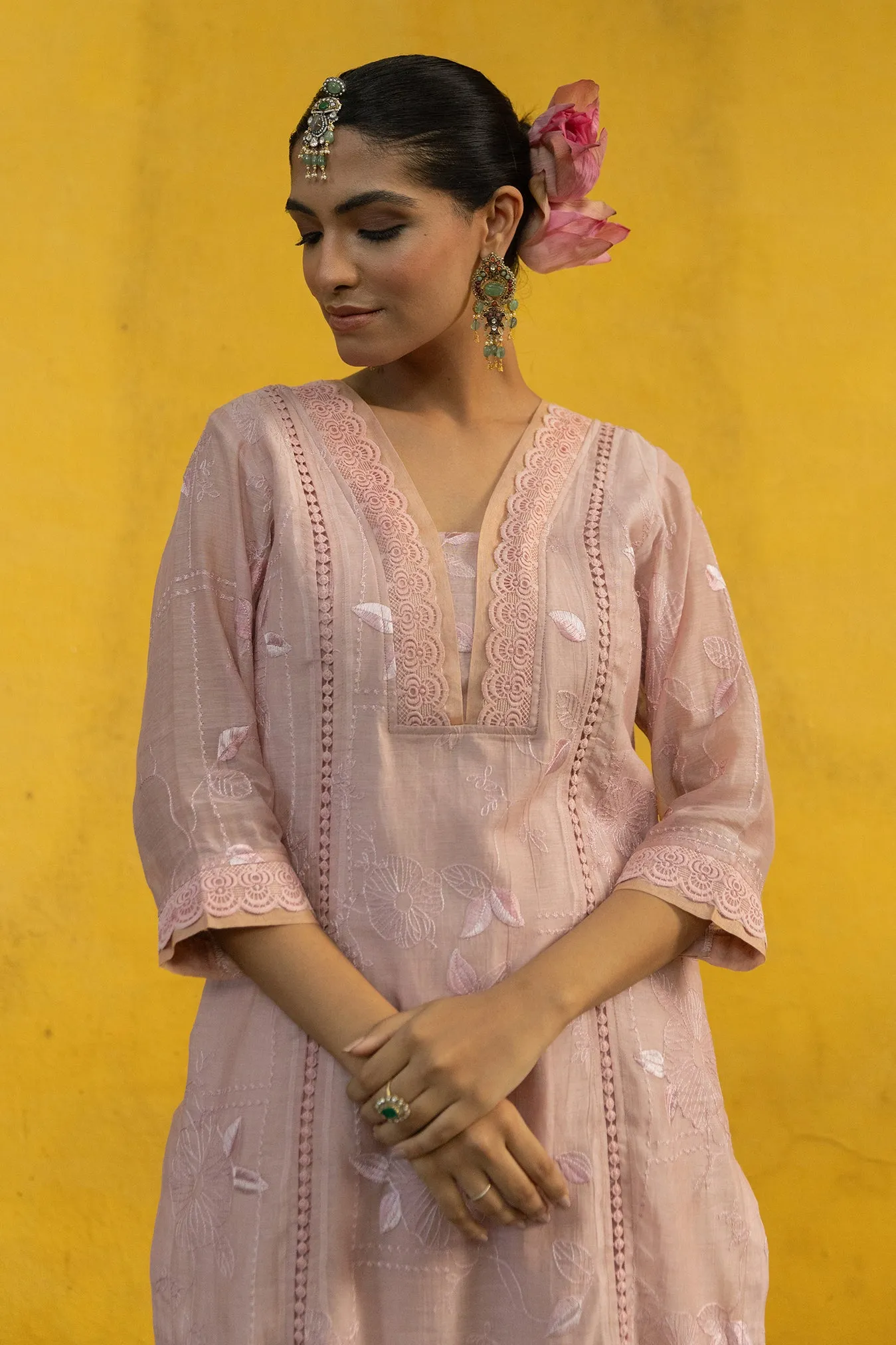 Soft Chanderi Embroidered Suit with Glittery Neck