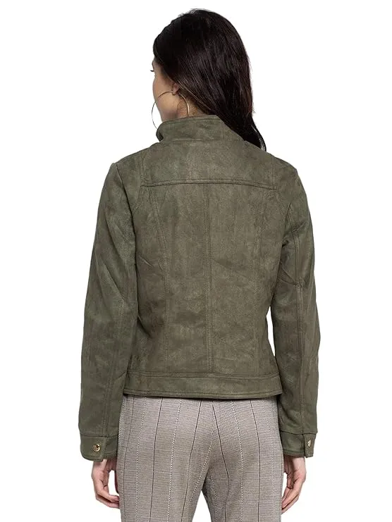 Women Green T- Neck Solid Jacket