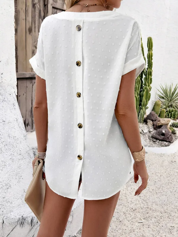 Women Swiss Dot Blouse Button-Back Top with Short Sleeves