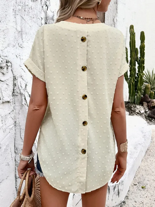 Women Swiss Dot Blouse Button-Back Top with Short Sleeves