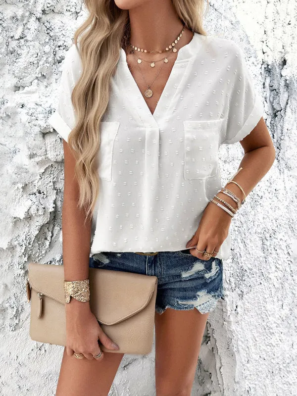 Women Swiss Dot Blouse Button-Back Top with Short Sleeves