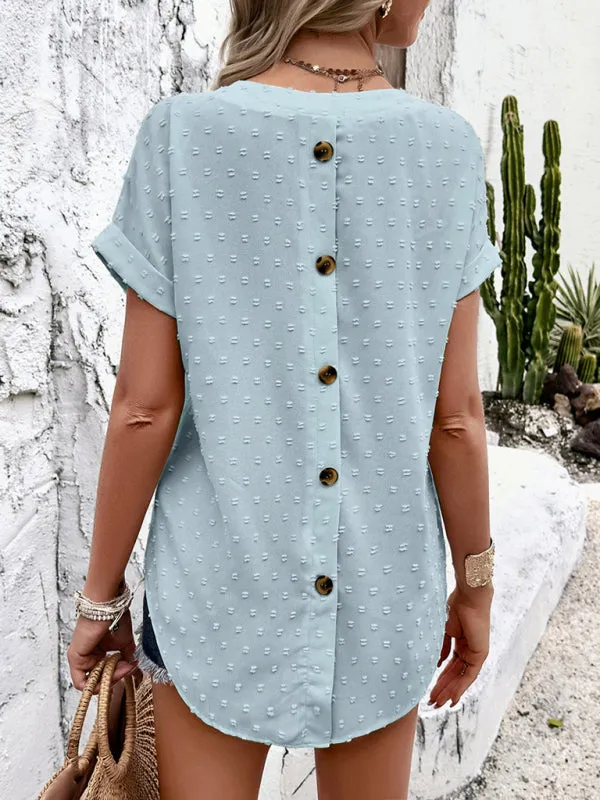 Women Swiss Dot Blouse Button-Back Top with Short Sleeves
