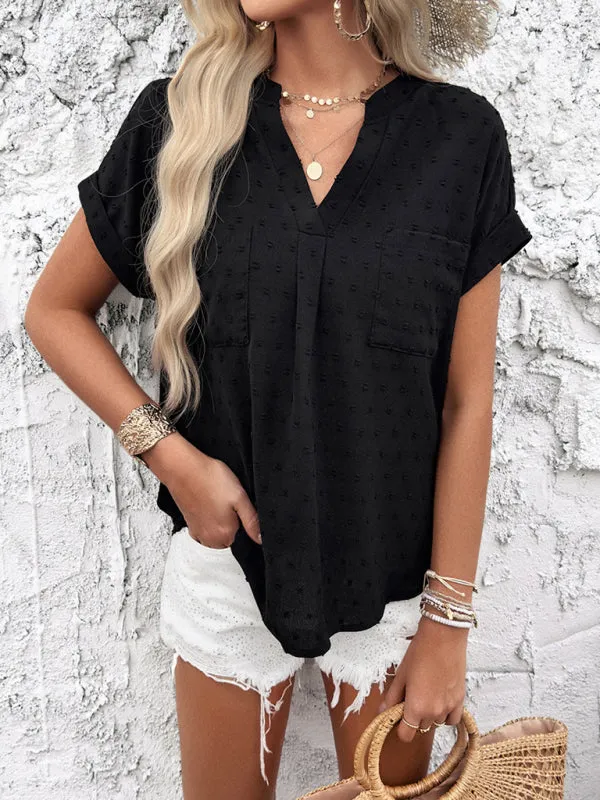 Women Swiss Dot Blouse Button-Back Top with Short Sleeves
