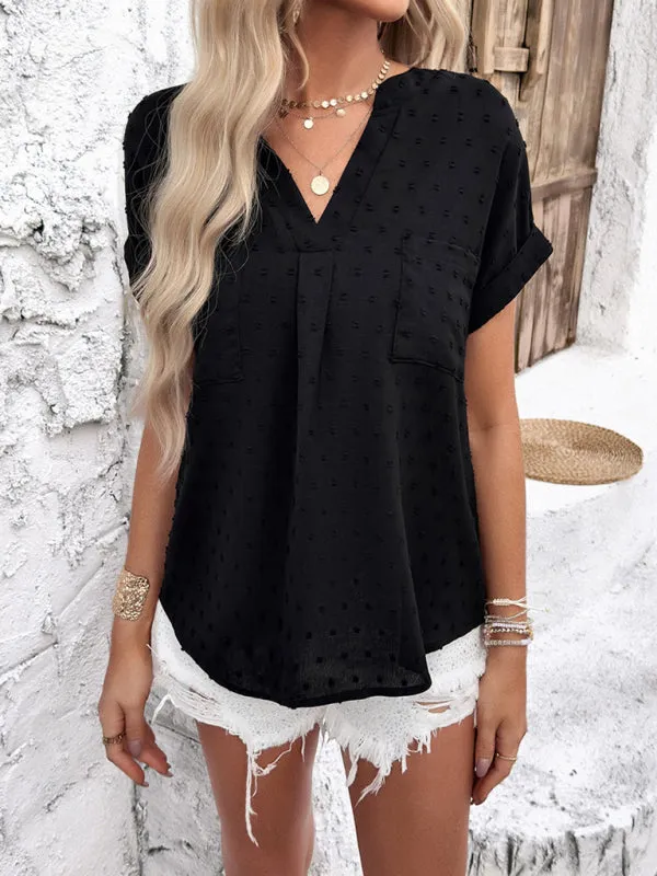 Women Swiss Dot Blouse Button-Back Top with Short Sleeves