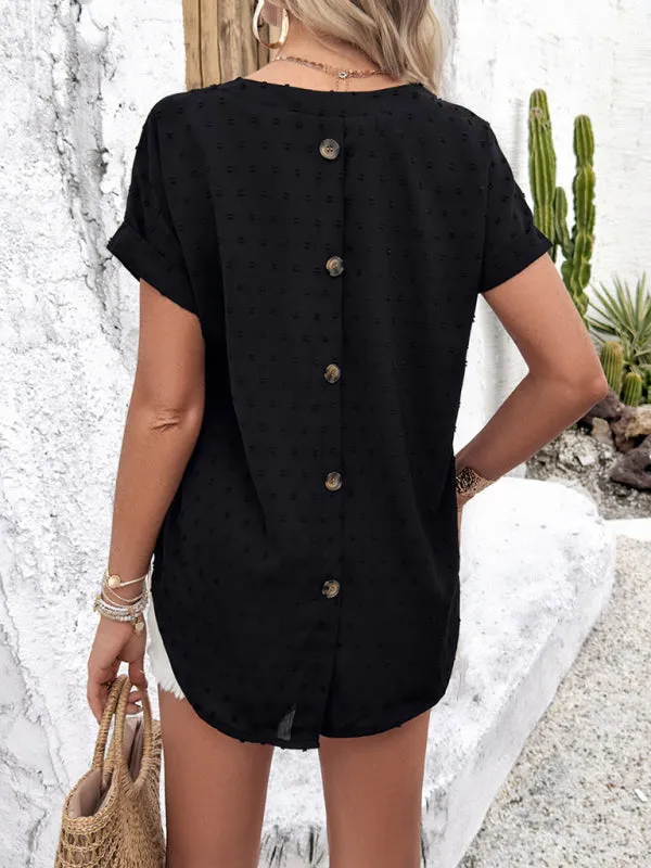 Women Swiss Dot Blouse Button-Back Top with Short Sleeves