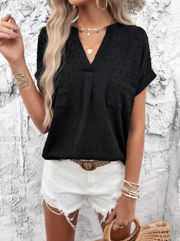 Women Swiss Dot Blouse Button-Back Top with Short Sleeves